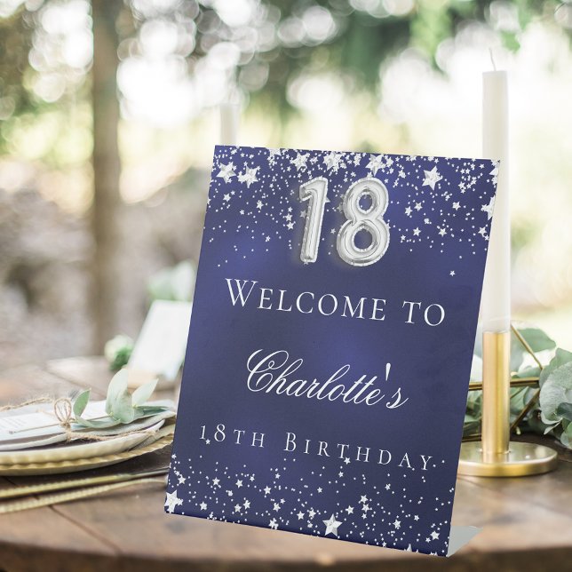 18th birthday blue silver stars welcome party pedestal sign (Creator Uploaded)