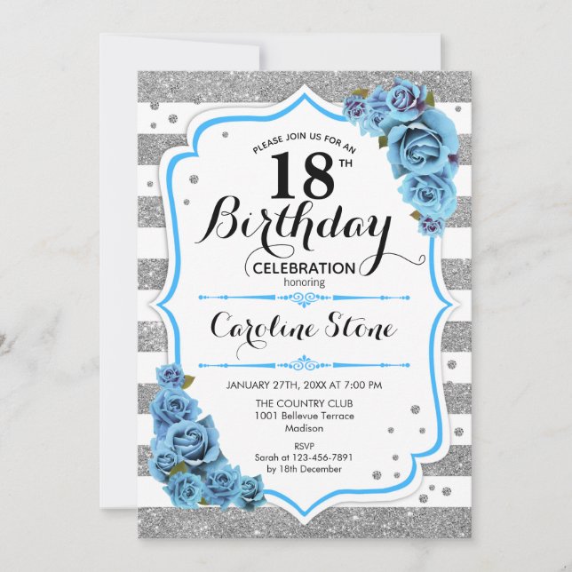 18th Birthday - Blue Silver White Stripes Invitation (Front)