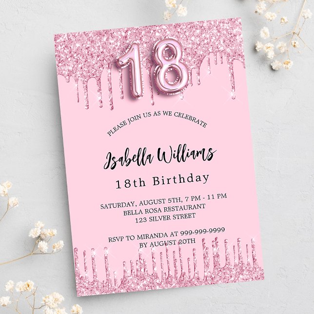 18th Birthday blush pink glitter drips glamourous Invitation Postcard (Creator Uploaded)