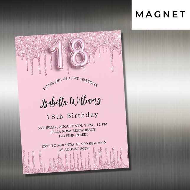 18th Birthday blush pink glitter drips luxury Magnetic Invitation (Creator Uploaded)