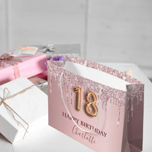 18th birthday blush pink glitter drips monogram   large gift bag