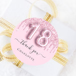 18th birthday blush pink glitter name thank you classic round sticker<br><div class="desc">Elegant,  classic,  glamourous and girly for a 18th birthday party.  A blush pink,  gradient background. Decorated with faux glitter drips,  paint dripping look. Personalise and add a name.  With the text:  thank you. Number 18 is written with a balloon style font.</div>