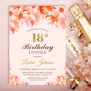 18th Birthday  Blush Pink Gold Floral Dinner Party Invitation