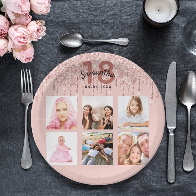 18th birthday blush rose gold glitter name paper plate (Creator Uploaded)