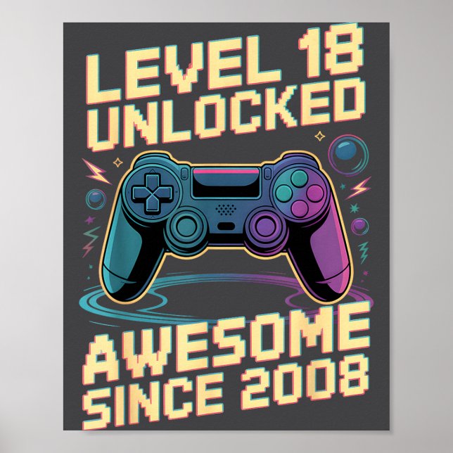 18th Birthday Boy Gift Level 18 Gamer 2008 18 Year Poster (Front)