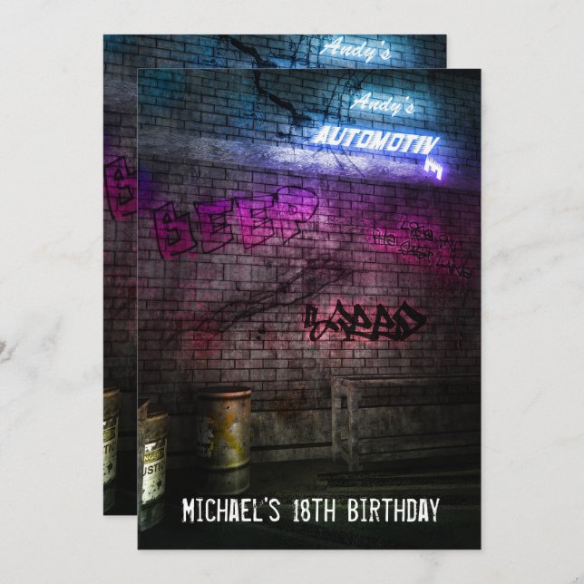 18th Birthday Boys Mens Urban Street Art Grunge Invitation (Front/Back)