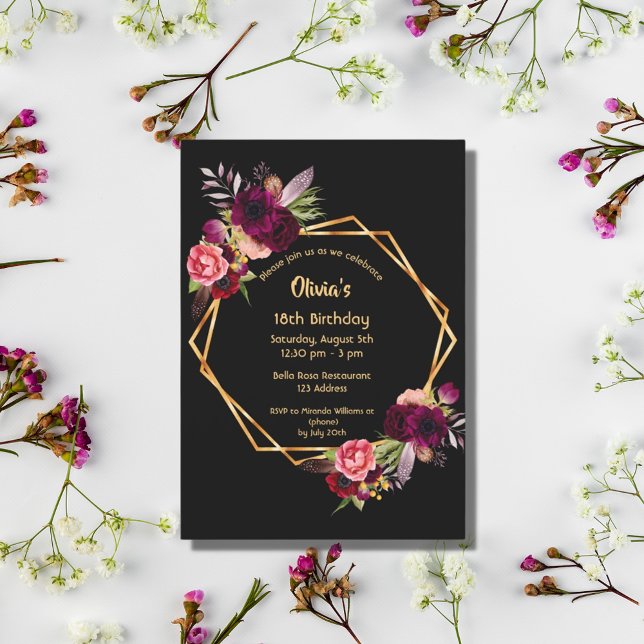 18th birthday burgundy floral gold geometric black invitation (Creator Uploaded)