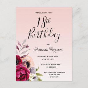 18th birthday burgundy rose gold floral invitation postcard