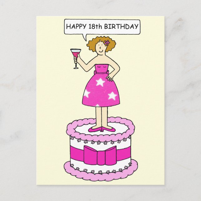 18th Birthday Cartoon Lady on Giant Cake Postcard (Front)