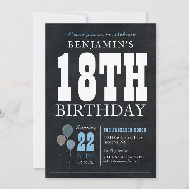 18th Birthday Chalkboard Blue Balloon Rustic Chic Invitation (Front)
