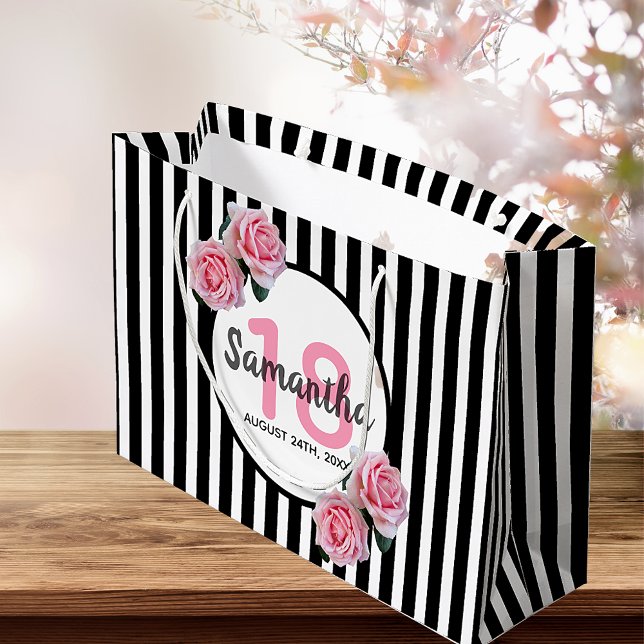 18th birthday chic pink roses black white stripes large gift bag (Creator Uploaded)