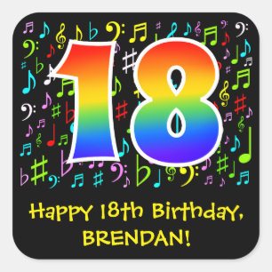 18th Birthday: Colorful Music Symbols, Rainbow 18 Square Sticker