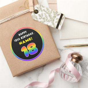 18th Birthday: Colourful Rainbow # 18, Custom Name Classic Round Sticker