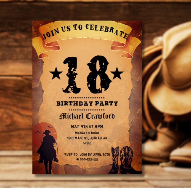 18th birthday cowboy old paper horse riding party invitation (Creator Uploaded)