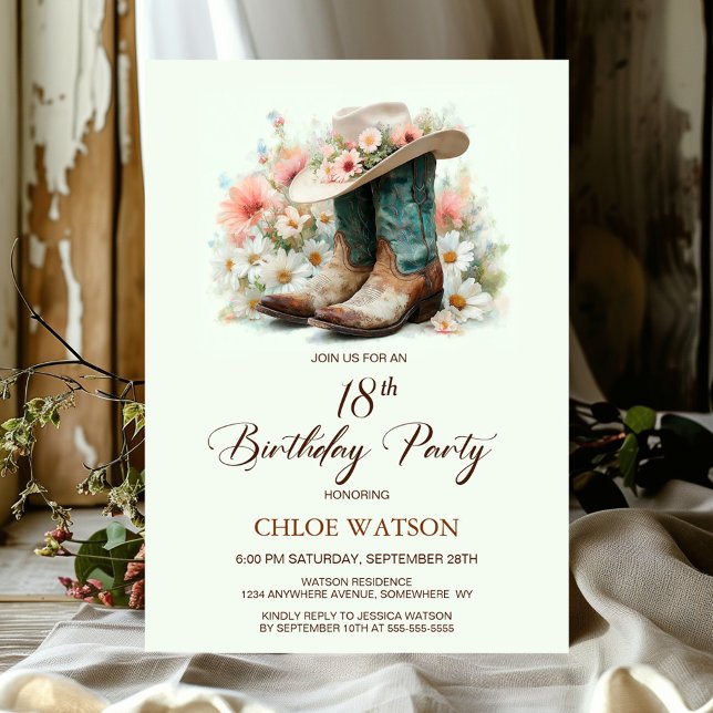 18th Birthday Cowgirl Boots and Hat Birthday Party Invitation (Creator Uploaded)