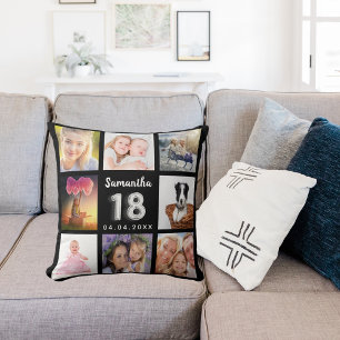 18th birthday custom photo collage black silver cushion