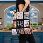 18th birthday custom photo collage girl black tote bag<br><div class="desc">A unique gift for a girl's 18th birthday, celebrating her life with a collage of 8 of your own photos, pictures. Personalise and add her name, age 18 and a date. A chic black background. Grey and white letters and numbers. The name is written with a modern hand lettered style...</div>