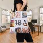 18th birthday custom photo collage girl white tote bag<br><div class="desc">A unique gift for a girl's 18th birthday, celebrating her life with a collage of 8 of your own photos, pictures. Personalise and add her name, age 18 and a date. A chic white background. Grey and black letters and numbers. The name is written with a modern hand lettered style...</div>