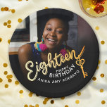 18th Birthday custom photo gold black Paper Plate<br><div class="desc">Eighteen gold script text and 18 key to the door photo party paper plate. Personalise this 18th birthday party script photo birthday design with your own birthday girls name and two photos of your birthday girl one on both sides great for a now and then photo opportunity. Other years and...</div>