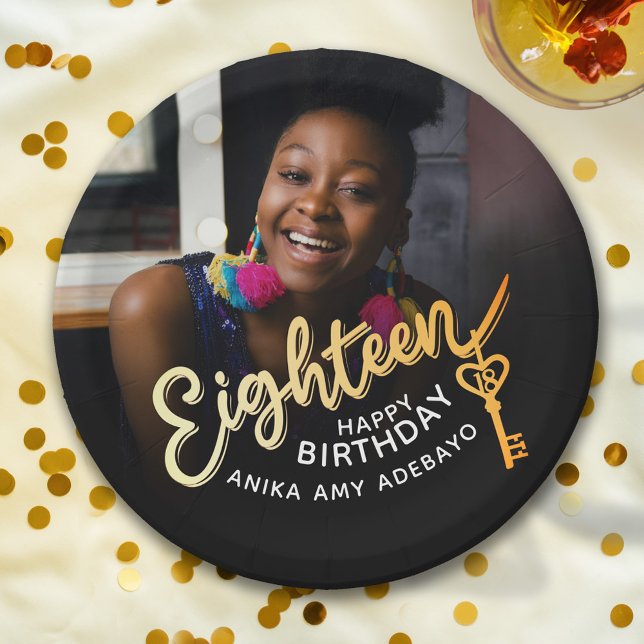 18th Birthday custom photo gold black Paper Plate (Creator Uploaded)