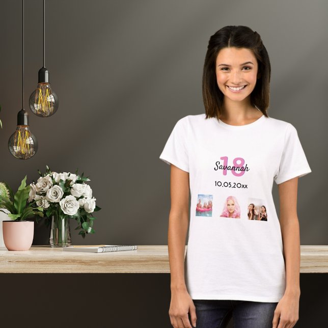 18th birthday custom photo pink monogram girl T-Shirt (Creator Uploaded)