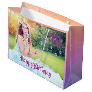 18th birthday custom photo purple girl large gift bag