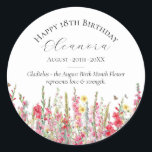 18th Birthday Custom Sticker August Birth Flower<br><div class="desc">Perfect personalised sticker for an August birthday party. Pink gladiolus is the birth flower for that month. It forms a pretty watercolor bottom border on this floral personalised birthday sticker. The birthday guest of honour's name, age and birthdate are placed above it using elegant calligraphy and typography. All text is...</div>
