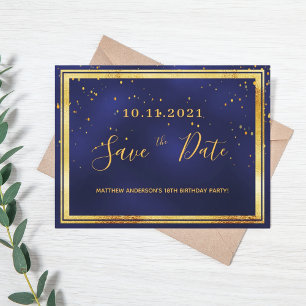 18th birthday dark blue gold save the date postcard