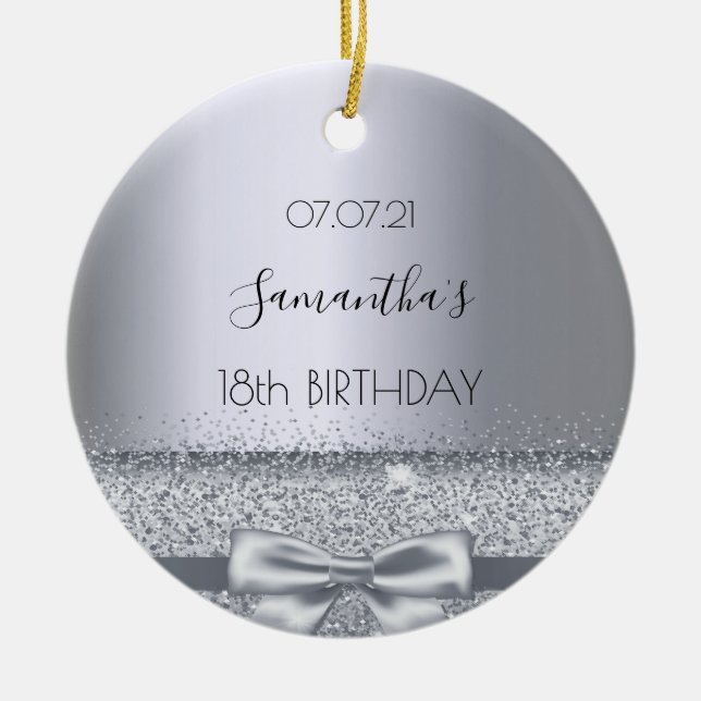18th birthday decor silver sparkle bow metallic ceramic ornament (Front)