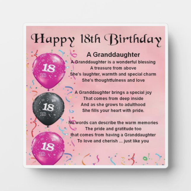 18th Birthday Design Granddaughter Poem Plaque (Front)