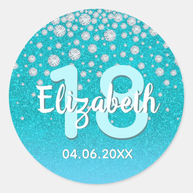 18th birthday diamonds glitter teal blue green classic round sticker (Front)