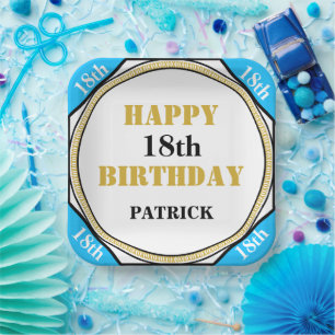 18th Birthday Elegant Blue Gold Paper Plate