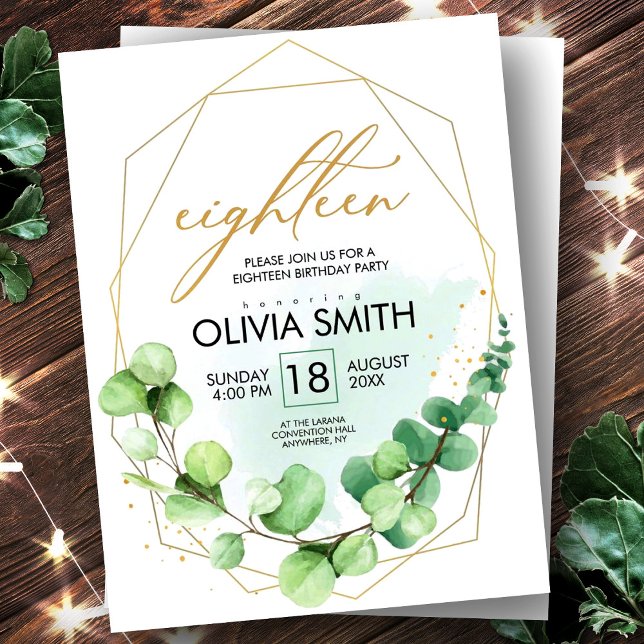 18th Birthday Elegant Eucalyptus Greenery and Gold Postcard (Creator Uploaded)