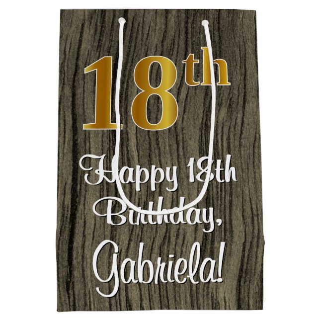 18th Birthday: Elegant Faux Gold Look #, Faux Wood Medium Gift Bag (Back)