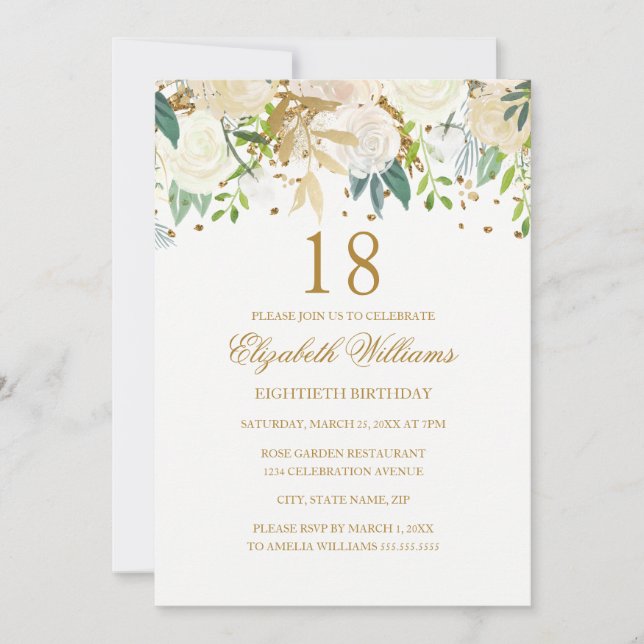 18th Birthday Elegant Gold Floral Invitation (Front)