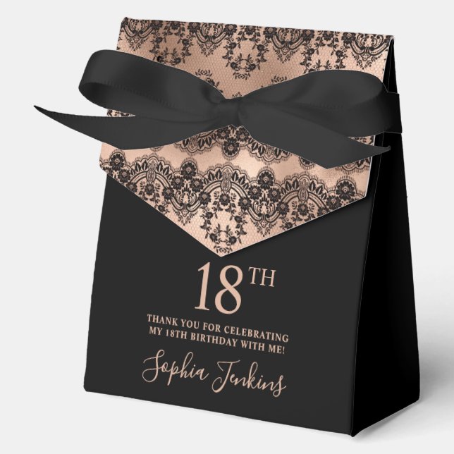 18th Birthday Elegant Rose Gold Black Lace Favour Box (Front)