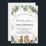 18th birthday eucalyptus greenery glitter elegant invitation<br><div class="desc">For a 18th birthday party. A white background decorated with eucalyptus greenery and golden leaves. Golden faux glitter spots. Personalise and add your names and wedding details. Black and golden coloured letters. Number 18 is written with balloon style font.
Back: white background and golden faux glitter spots</div>