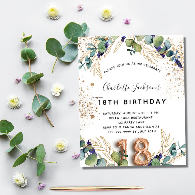 18th birthday eucalyptus greenery glitter elegant  invitation postcard (Creator Uploaded)