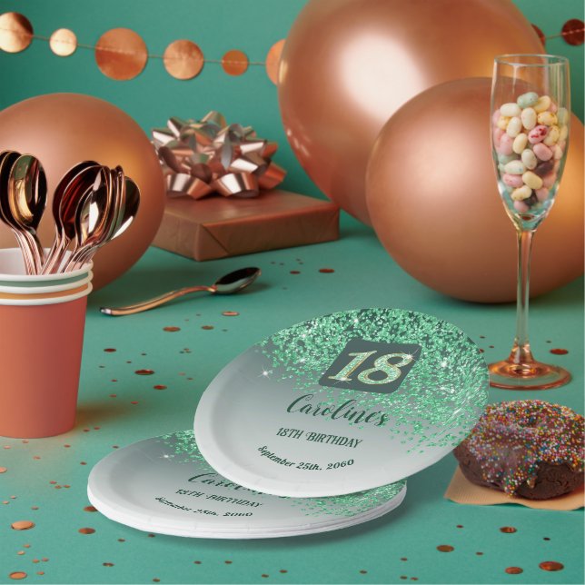 18th Birthday Falling Green Glitter Paper Plates (Multi)