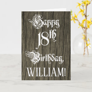 18th Birthday: Fancy, Elegant Text; Faux Wood Look Card