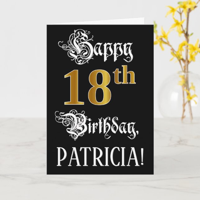 18th Birthday — Fancy Script; Faux Gold Look; Name Card (Yellow Flower)