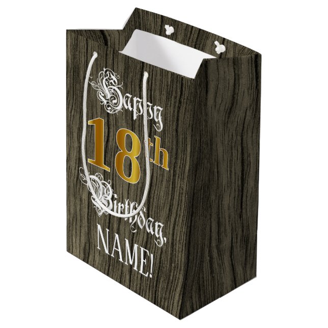 18th Birthday: Faux Gold Look & Faux Wood Pattern Medium Gift Bag (Back Angled)