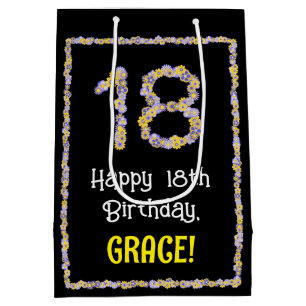 18th Birthday: Floral Flowers Number, Custom Name Medium Gift Bag