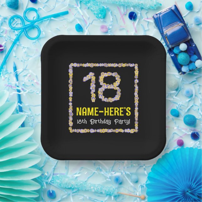 18th Birthday: Floral Flowers Number, Custom Name Paper Plate (Party)