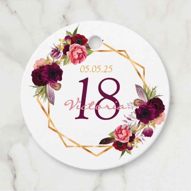 18th birthday floral gold geo burgundy thank you favour tags (Front)