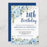 18th Birthday Floral Navy Blue Gold Glitter Dots Invitation<br><div class="desc">18th Birthday Navy Blue Script Floral Watercolor Gold Confetti Glitter Dots Invitation
The design features beautiful watercolor light blue and green florals.</div>