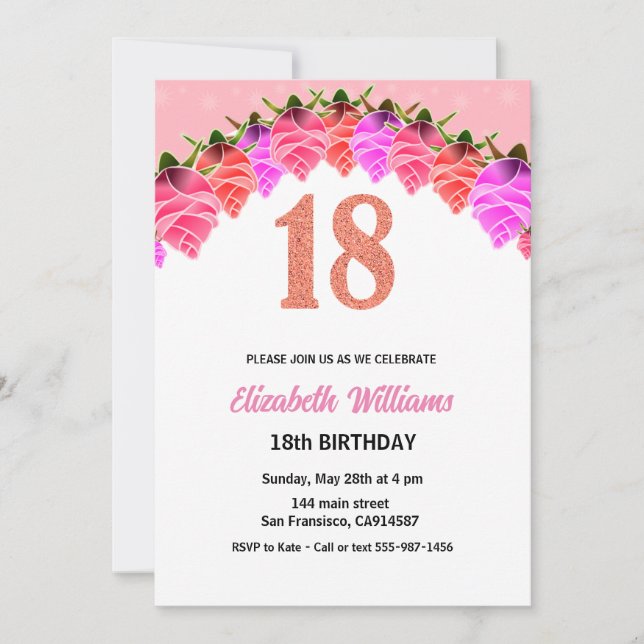 18th Birthday Floral Rose Gold Invitation (Front)