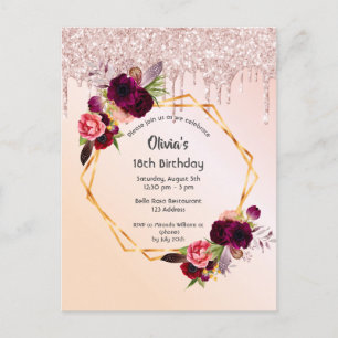 18th birthday florals rose gold glitter invitation postcard