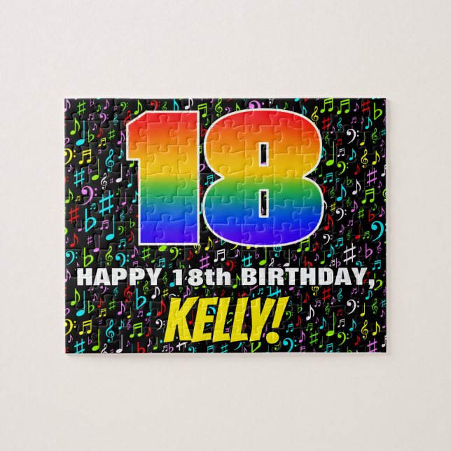 18th Birthday — Fun, Colourful Music Symbols & “18 Jigsaw Puzzle (Horizontal)