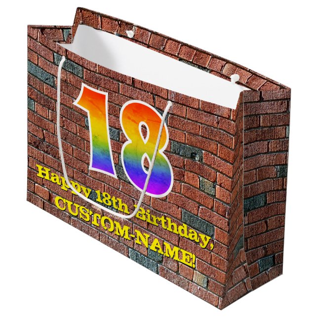 18th Birthday: Fun, Graffiti-Inspired Rainbow # 18 Large Gift Bag (Front Angled)